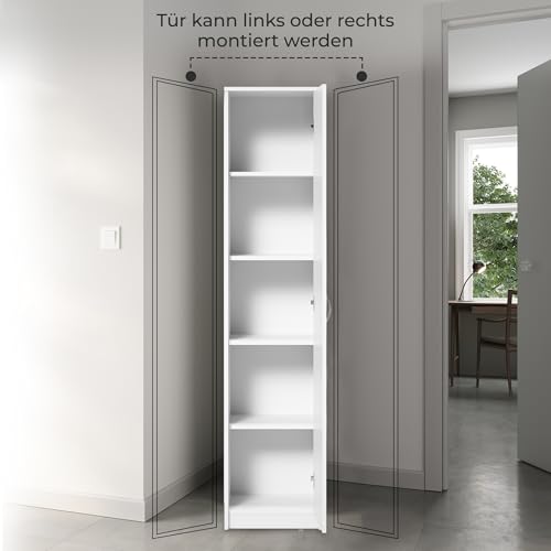 Bücherregal Kleiderschrank Regal weiß 40cm breit 180cm hoch Schrank Organizer Mehrzweckschrank mit 4 verstellbaren Einlegeböden Aktenschrank Regal Wand schmal Holz für Schlafzimmer Flur Keller Büro
