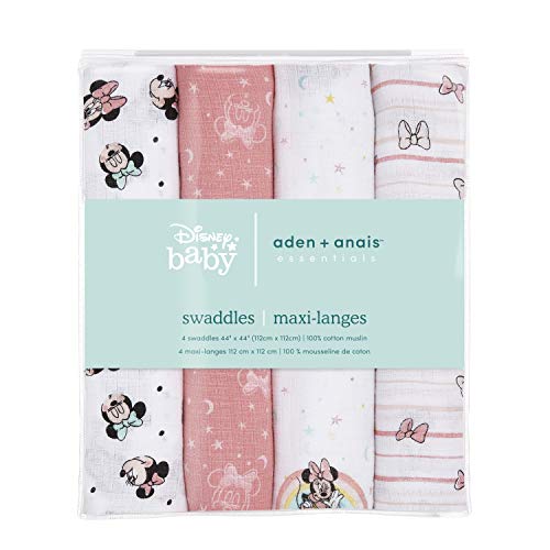 Image of Aden by aden + anais Swaddle Blanket, Muslin Blankets for Girls & Boys, Baby Receiving Swaddles, Ideal Newborn Gifts, Unisex Infant Shower Items, Wearable Swaddling Set, 4 Pk, Minnie Mouse Rainbows