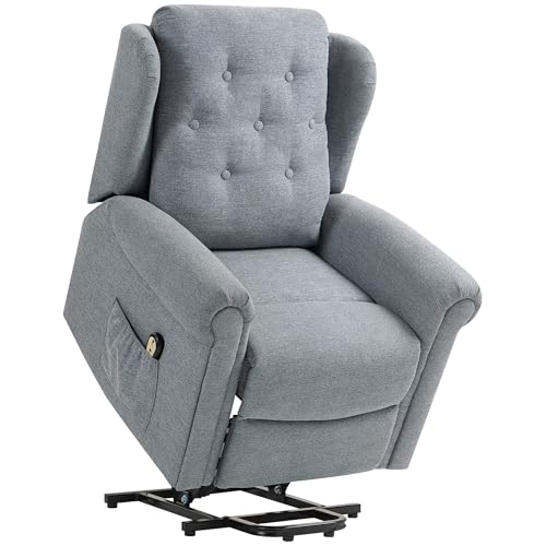 HOMCOM Sillón Relax Reclinable Eléctrico Levanta Personas Sillón Elevador con Respaldo Alto Capitoné Control Remoto Tapizado en Lino y Bolsillos Laterales Gris