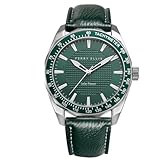 Perry Ellis Reloj de pulsera analógico de cuero vegano resistente al agua para hombre con energía solar, caja de 42 mm, bisel taquímetro de aluminio, regalo elegante para hombre, Verde, Vestido