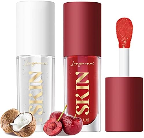 LANGMANNI 2 Pack Fruit Flavored Lip Oil Balm, Cherry + Coco