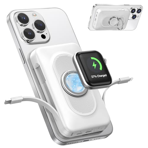 Genmifly Magnético Power Bank 10000 mAh, 5 en 1 para Apple Watch y iPhone, Bateria Externa de con USB-C y iOS Cable, Cargador portátil con Soporte de Anillo para iPhone 16/15/14/13/12, iWatch 10/9/8/7