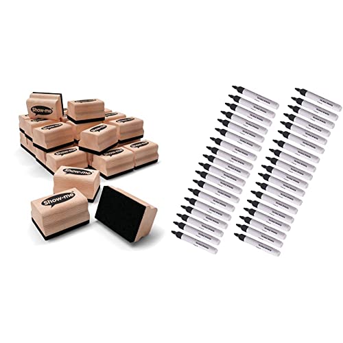 Show-Me Whiteboard Eraser Pack, Mini Erasers for Drywipe Boards & Chalkboards in Schools & Original Pack of 50 Non-Toxic Ink Black Colour Whiteboard Dry Wipe Marker Pens Bullet Tip