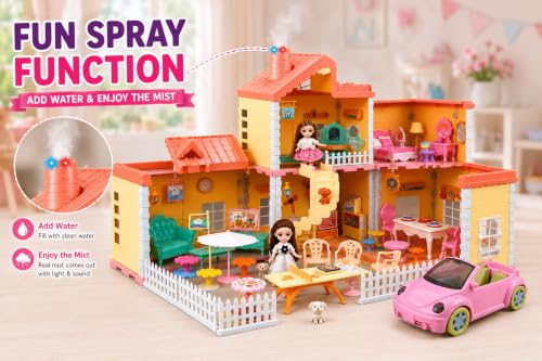 Image of 176 PCS Princesss Doll House Playset with Smoke Effect, Furniture, Dolls & Pink Car