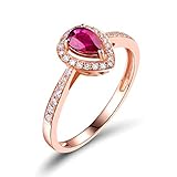 ♡Materal：Oro Rosa 18K Daesar Anillo Mujer Oro Rosa 18 Kilates,Gota de Agua Rubí Rojo 0.55 Diamante 0.21ct,Oro Rosa y Rosa Roja Talla 13,5