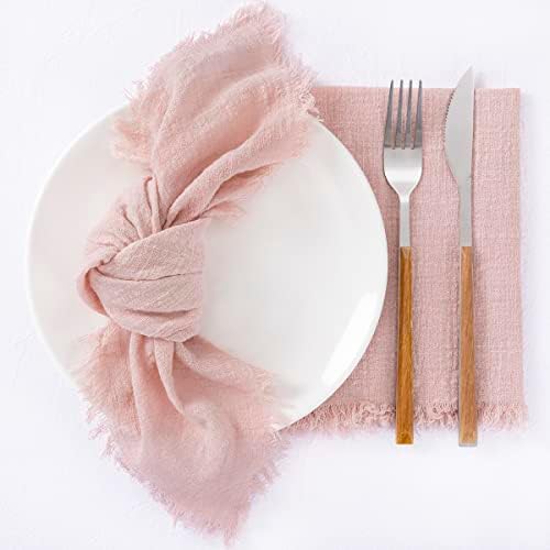 Socomi Handmade Cloth Napkins with Fringe Set of 8 Dusty Rose Cotton Linen Napkins 18"x18" Rustic Dinner Napkins Bulk for Wedding Party Baby Shower
