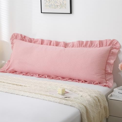Jilboo Gingham Body Pillow Cover 20x54, Pink White Plaid, Ruffled