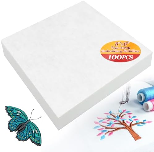 Sukh Tear Away Stabilizer - 100PCS Embroidery Stabilizer Embroidery Accessories Fabric Square for All Sewing Crafts Hand Sewing Lightweight Easy to Use, 8 x 8 Inch