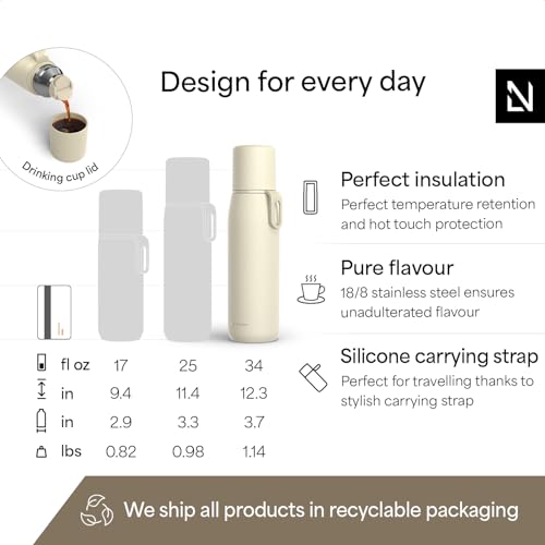 Image of LARS NYSOM Stainless Steel Thermo Water Bottle - Double Wall Insulated Water Bottle with Cup & Carry Strap, Leakproof Metal Bottle for Travel, Office & Outdoor (Almond Beige, 34oz)