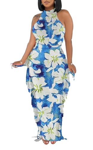 Image of 2 Piece Outfits for Women Sexy Halter Neck Sleeveless Crop Tops Ruched Bodycon Dresses Jumpsuits Fringe Skirt Sets