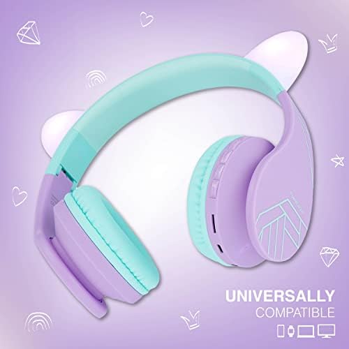 PowerLocus Bluetooth Headphones for Kids, Kids Wireless Headphones Cat Ear LED Light Up, Foldable Volume Limited Headphone with Microphone Wireless/Wired Headset with Micro SD/TF for Phones/PC/iPad