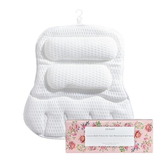 Suvast Luxury Bath Pillow for Tub, Dual Headrest & Back Support, 4D Air Mesh Quick-Dry Cushion, 10 Strong Suction Cups, Extra-Large Spa Bathtub Pillow Gift for Women(White)