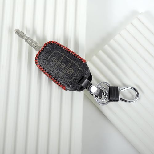 Image of Leather Smart Car Key Cover Case with Metal Hook Keychain for Reanualt Triber, New Kwid, New Duster(Black)