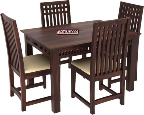 Image of AADITYA WOODS Solid Sheesham Wood 4 Seater Dining Table Set with Chairs & Bench for Living Room Home Wooden Dining Table Set for Office Restaurant Modern Dining Room Set-45x30x30inch (ad-Walnut4s)