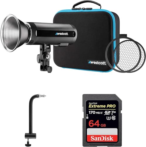 Westcott FJ200 200W Strobe with AC/DC Lithium Polymer Battery | 8" Extension Arm & 64GB SDXC Memory Card Bundle