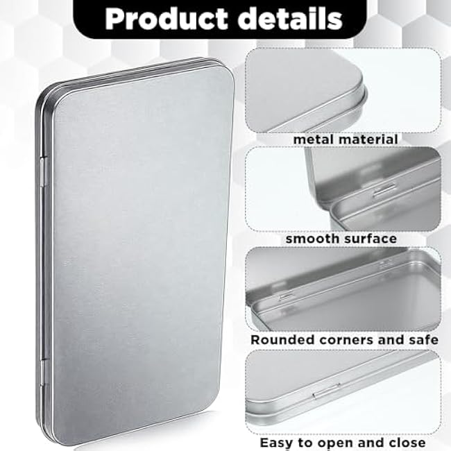 2 Pack Silver Rectangular Tins, Portable Storage Box Containers, Rectangular Metal Tin Boxes, Metal Tin Box with Hinged for Pen Eraser Craft Photos Sticky Notes