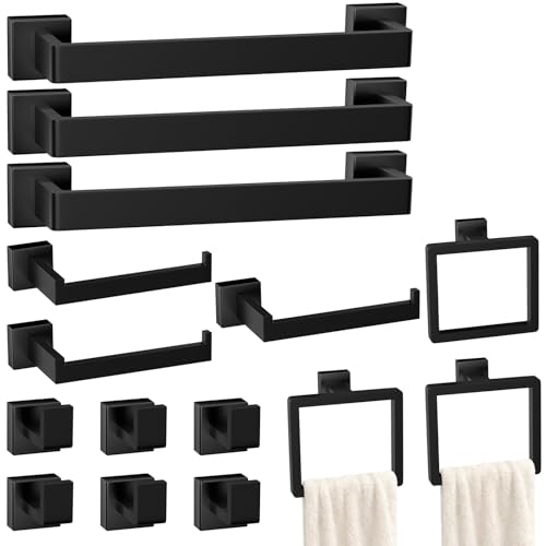Image of 15-Pieces Matte Black Bathroom Accessories Set, 16 Inch Bath Towel Bar Set | Stainless Steel, Towel Ring, Toilet Paper Holder, Robe Hooks, Towel Racks for Bathroom Wall Mounted, Bathroom Hardware Set