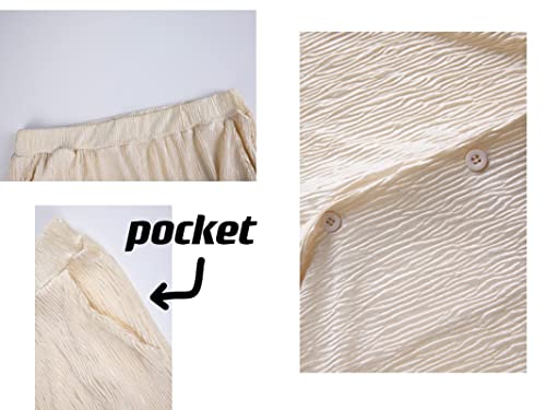 Ekaliy Women Pleated 2 Piece Pants Sets Casual Button Down Short Sleeve Shirt Wide Leg Trouser Outfit Loungewear Beige Xl #TOP4