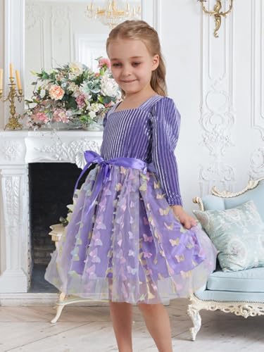 Little Girls Velvet Dresses Butterfly Layered Tulle Dress Long Sleeve Square Neck Tutu Dress Party Princess Dress 4-10Y3