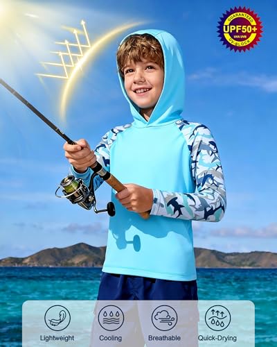 Image of Boys Rash Guard Swim Hoodie, Kids Long Sleeve Sun Fishing Shirts