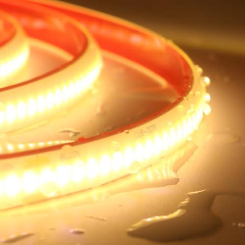 KISUFU 220V COB Ruban LED, IP65 Étanche Flexible LED bande lumineuse, 288LEDs/m Colle double face light strip pour Noël, Fête, Chambre, Cuisine, Décoration.Blanc chaud,1M