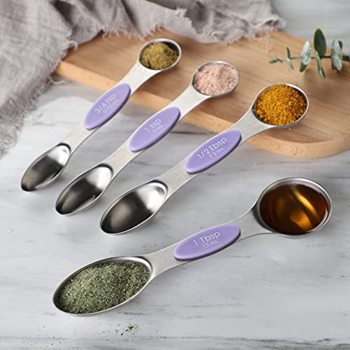 Magnetic Measuring Spoons Set Stainless Steel With Leveler, Stackable Metal Tablespoon Measure Spoon For Kitchen Gadgets Essentials Fits In Spice Jars (Violet) #TOP3