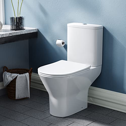 Nes Home Theo Contemporary Round Rimless Close Coupled Toilet With Soft Close Seat