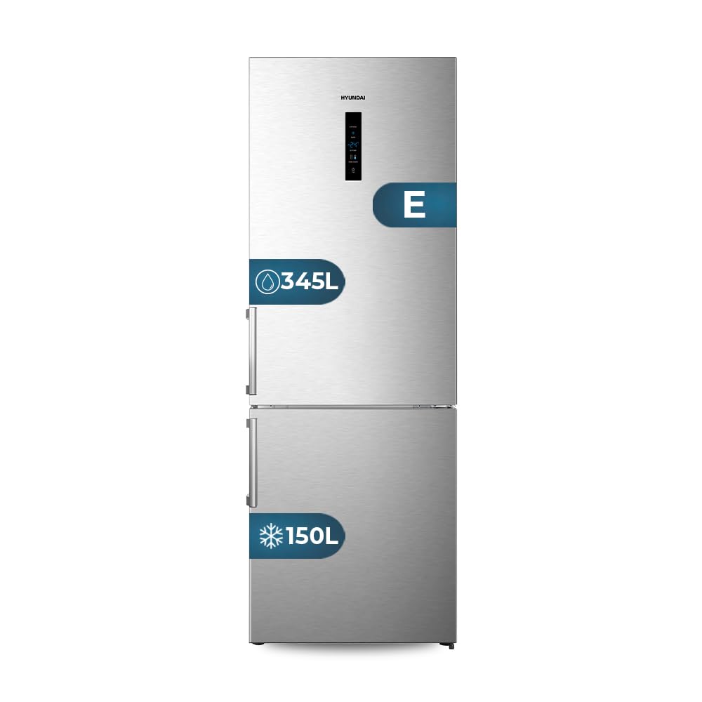 HYUNDAI Frigorífico Combinado Inox 2 Puertas. HC2700ENFIX, Capacidad 495 Litros, No Frost, Multi Air Flow, 39 dB, Puerta Reversible, Apertura con Tirador, Clasificación Energética E