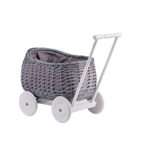 e-wicker24 Alles aus Weide Carrito de mimbre colgante de cesta, carrito de muñecas, carretilla de juego, idea de regalo perfecta para niños y niñas, juguete de mimbre