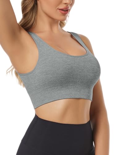 Image of Chilylori Seamless Sports Bras for Women Pack of 3 Ribbed Sports Bra Workout Tops Cropped Tank Top Comfort Padded Yoga