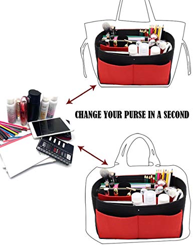 Image of Felt Purse Insert Handbag Organizer Bag in Bag Organizer with zipper Bag Tote Shaper for Speedy Neverfull 8021 Black-Red L2