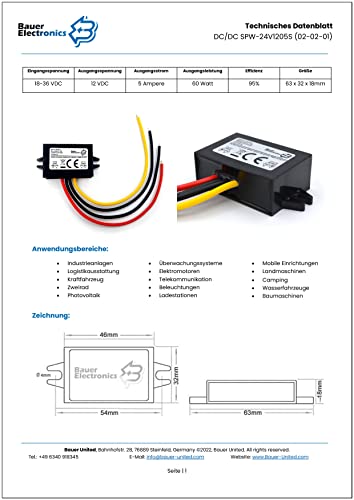 Bauer Electronics | DC-DC 18V-36V zu 12V Spannungs-wandler 5A 60W | Spannungs-regler 24-V 12-V Netzteil Strom-adapter Spannungs-stabilisator Spannungs-begrenzer LKW Step-down Buck Converter Volt
