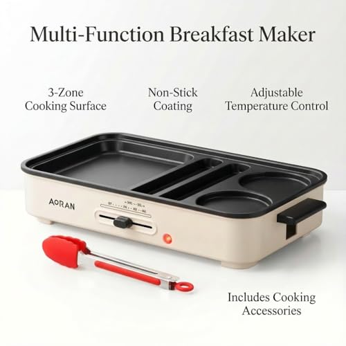 3-Zone Breakfast Maker - Adjustable Temperature, Non-Stick, Bake & Boil, Compact Kitchen Gift for Holidays & Family Mornings with tongs