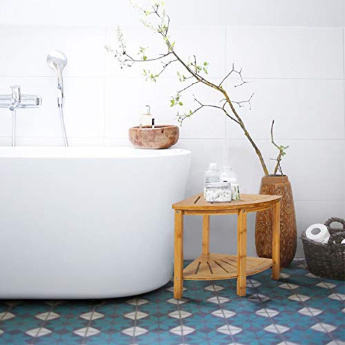 OasisCraft Corner Shower Bench with Free Soap Dish, Small Bamboo Shower Stool with Shelf, Wooden Bathroom Spa Bath Organizer Seat, Perfect for Indoor or Outdoor