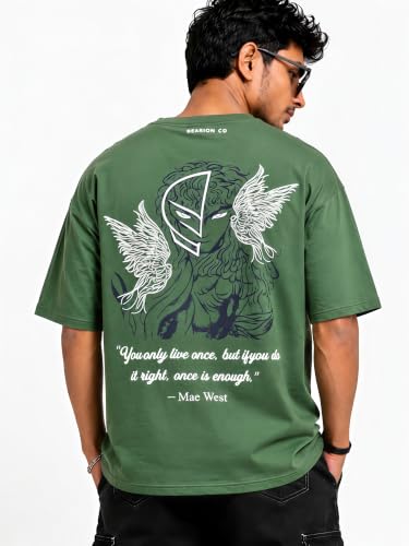 Image of BEARION CO Masked Angel Oversized 240 GSM T-Shirt for Men | Graphic Streetwear Tee with Puff Work - (Winged Spirit) Olive Green