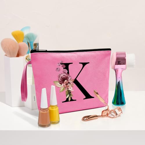 Image of Vavabox A-Z Personalized Makeup Bag, Birthday Gifts for Women Mom, Gifts for Best Friend, Bride Bridesmaid Cosmetic bag (K, Peach)