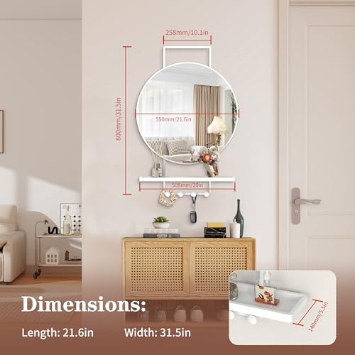 Image of BEAUTME Wall Mirror with Shelf and Hooks, 32x22 Inch Metal Framed Round Bathroom Mirrors with Shelf, Modern Farmhouse Wall Decor for Living Room Bedroom Entryway, Vertical (White)