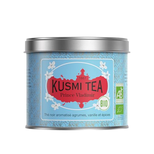 Kusmi Tea - Prince Vladimir Bio - Thé Noir Earl Grey Bio à l'Orange, Aromatisé aux Agrumes, Cannelle, Bergamote, Vanille et Épices - Boîte Thé Métal 100g - Quantité pour environ 50 Tasses