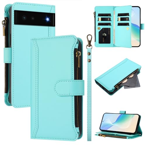 Rfvzubemok Compatible with Google Pixel 6 5G,Compatible with Google Pixel 6 5G Cover,Flip Kickstand Double Card Slots Zipper Wallet Case Green2