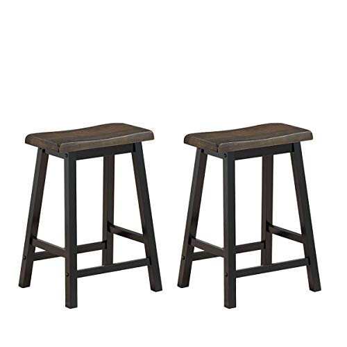 Waterjoy Counter Height Bar Stool, Set Of 2 Vintage Solid Wood Saddle-Seat, 24-Inch, Antique Walnut Finish, For Bistro, Kitchen, Living Room (Grey) #TOP30