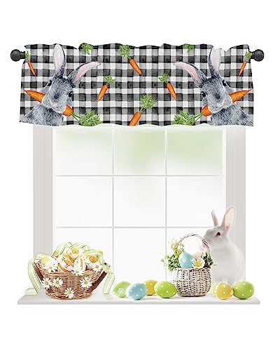 Easter Valances for Windows Bunny Rabbit Carrot Kitchen Curtain Valances Black Buffalo Plaid Window Treatment Short Topper Curtains For Easter Day Spring Party Kitchen Dining Decoration 54x18 Inch