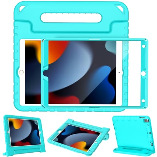 LTROP Kids Case for iPad 9th/8th/7th Generation (2021/2020/2019), 10.2 Inch Shockproof Handle Stand - Turquoise