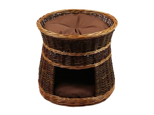 Katzenkorb zum Schlafen – Katzenhütte Indoor - Durchmesser: 50 cm rund – Katzenhöhle aus Weide – Zweistöckiger Hunde – oder Katzenbett – Korb Farbe lackiert Weide (Mit braunen Kissen)
