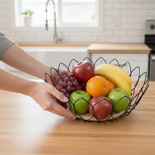 Image of Go Hooked Decorative Metal Wire Fruit Basket with Wooden Base for Home & Dining Table 10Inch | Open Wire Countertop Fruit Bowl for Vegetables, Snacks & Bread | Modern Home Decor Storage Basket (VM15C)