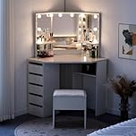 TUKAILAi White Dressing Table Set with Hollywood RGB LED Lights Corner Curved Makeup Desk with 5 Drawer 3 Mirror and Stool Makeup Vanity Table Bedroom Furniture