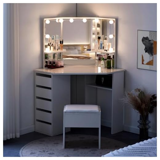 TUKAILAi White Dressing Table Set with Hollywood RGB LED Lights Corner Curved Makeup Desk with 5 Drawer 3 Mirror and Stool Makeup Vanity Table Bedroom Furniture 29 TUKAILAi White Dressing Table Set with Hollywood RGB LED Lights Corner Curved Makeup Desk with 5 Drawer 3 Mirror and Stool Makeup Vanity Table Bedroom Furniture
