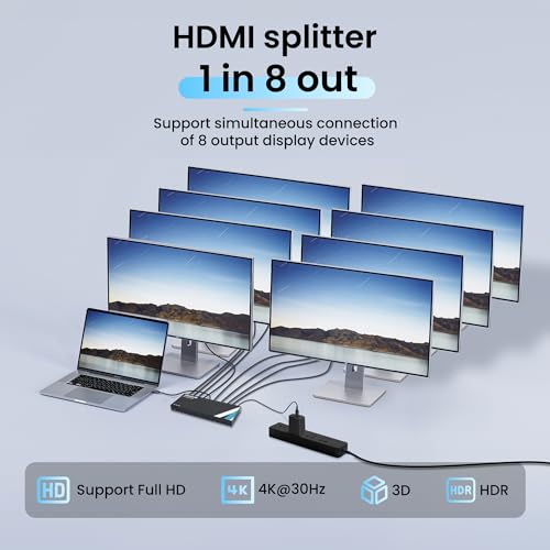 Image of NEWCARE 4K 1x8 HDMI Splitter 1 in 8 Out, 8 Port Powered Hdmi Splitter, 8 Way HDMI Splitters Support 4K&2K@30Hz 3D for TV Monitor Project, Mirror Splitters for Classroom, Presentation, Exhibition