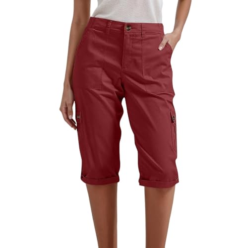 Women's Cargo Capri Pants Elastic Waist Pocket Casual Workout Summer Shorts Comfortable Stretch Travel Outdoor (XXL) Wine