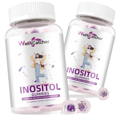 Wellcatcher Inositol Gummies Myo-Inositol & D-Chiro Inositol Ideal 40:1 Ratio Inositol Supplement with Omega-3 Vitamin D3 Supports Healthy Ovulation Cycle Regularity Grape Flavor 2 Packs
