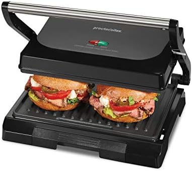 Proctor Silex 4 Serving Panini Press, Sandwich Maker and Compact Indoor Grill, Upright Storage, Easy Clean Nonstick Grids, Black (25440PS)